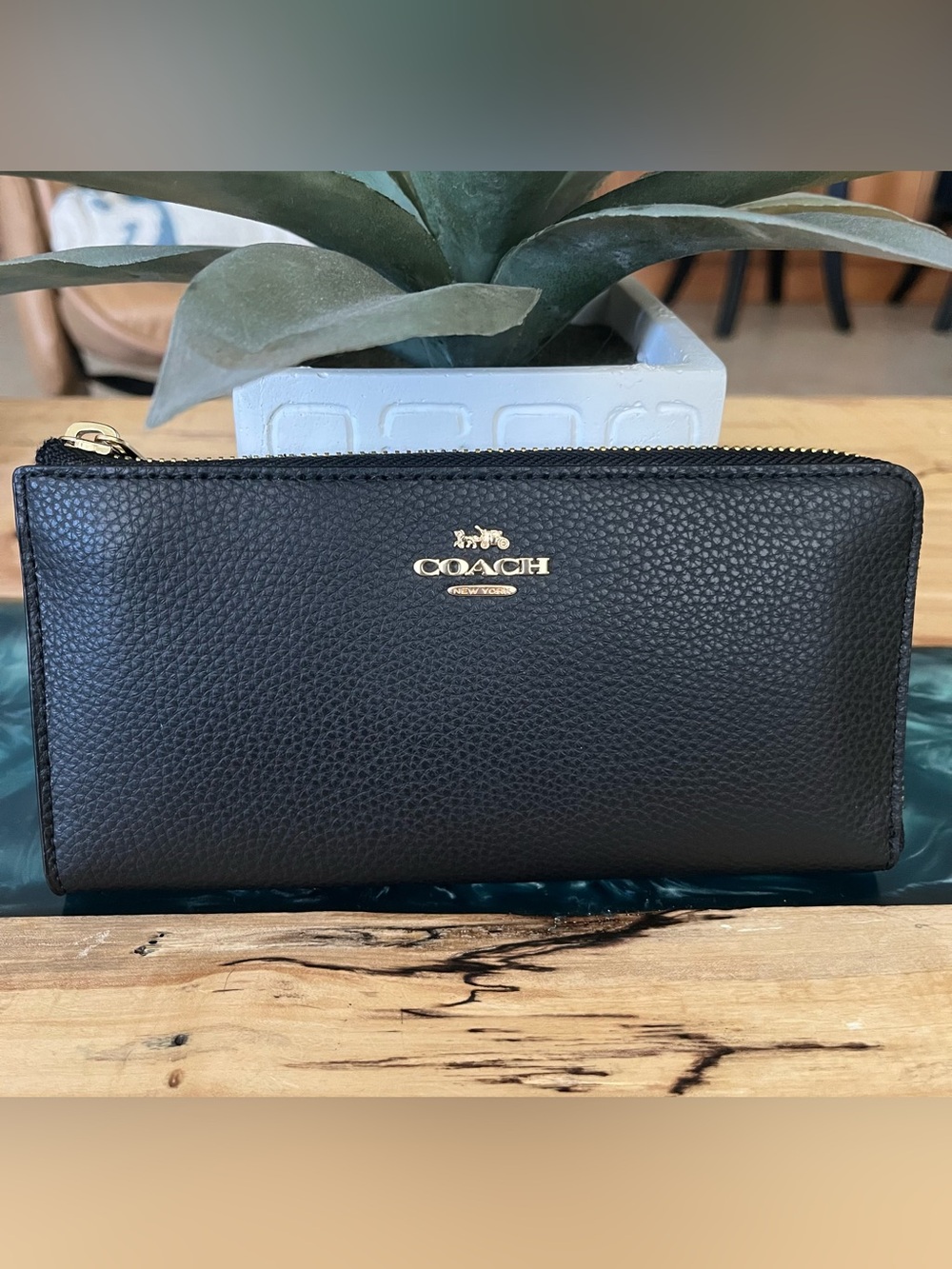 Coach Black Pebbled Leather 3/4 Zip around Wallet